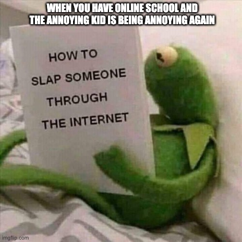 Kermit How to slap someone through the internet | WHEN YOU HAVE ONLINE SCHOOL AND THE ANNOYING KID IS BEING ANNOYING AGAIN | image tagged in kermit how to slap someone through the internet | made w/ Imgflip meme maker