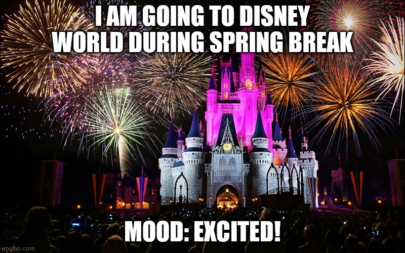 Disney World | I AM GOING TO DISNEY WORLD DURING SPRING BREAK; MOOD: EXCITED! | image tagged in disney world | made w/ Imgflip meme maker