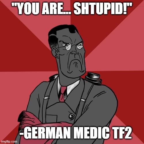 TF2 Angry medic  | "YOU ARE... SHTUPID!" -GERMAN MEDIC TF2 | image tagged in tf2 angry medic | made w/ Imgflip meme maker