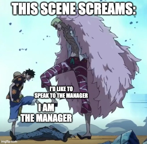 i read the manga i havent watched the anime dont hate | THIS SCENE SCREAMS:; I'D LIKE TO SPEAK TO THE MANAGER; I AM THE MANAGER | image tagged in one piece luffy doflamingo stop | made w/ Imgflip meme maker