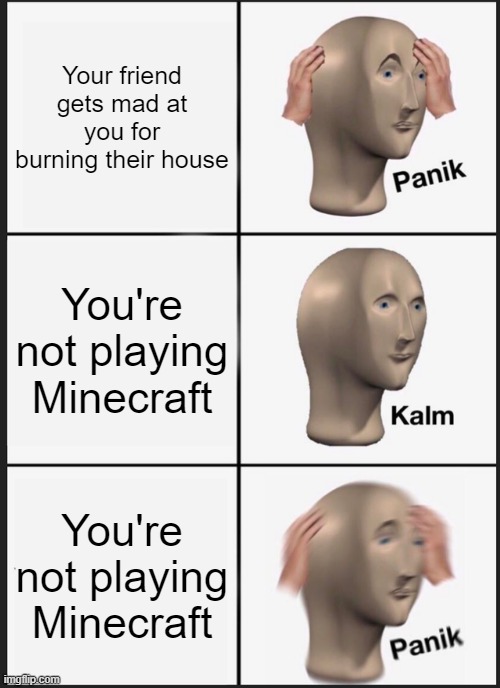 oh no | Your friend gets mad at you for burning their house; You're not playing Minecraft; You're not playing Minecraft | image tagged in memes,panik kalm panik | made w/ Imgflip meme maker
