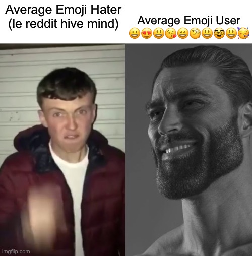 Average Fan vs Average Enjoyer | Average Emoji User 😀😍😃😘😄🧐😃🥸😃🥳; Average Emoji Hater (le reddit hive mind) | image tagged in average fan vs average enjoyer | made w/ Imgflip meme maker