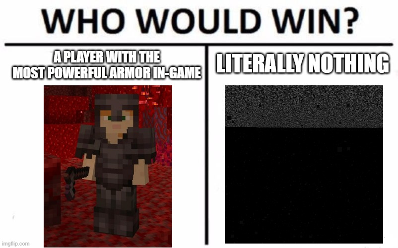 void.exe | LITERALLY NOTHING; A PLAYER WITH THE MOST POWERFUL ARMOR IN-GAME | image tagged in memes,who would win | made w/ Imgflip meme maker