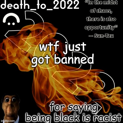 random ass template for some thingy | wtf just got banned; for saying being black is racist | image tagged in random ass template for some thingy | made w/ Imgflip meme maker