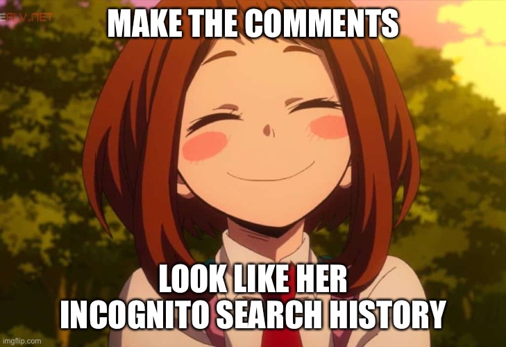 Smiling Uraraka | MAKE THE COMMENTS; LOOK LIKE HER INCOGNITO SEARCH HISTORY | image tagged in smiling uraraka | made w/ Imgflip meme maker
