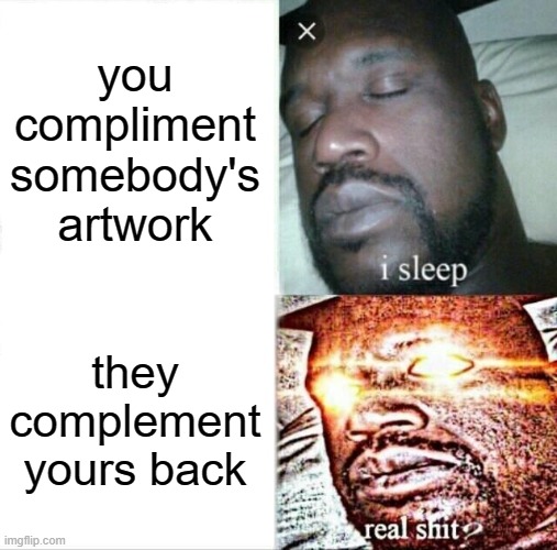 Sleeping Shaq Meme | you compliment somebody's artwork; they complement yours back | image tagged in memes,sleeping shaq | made w/ Imgflip meme maker