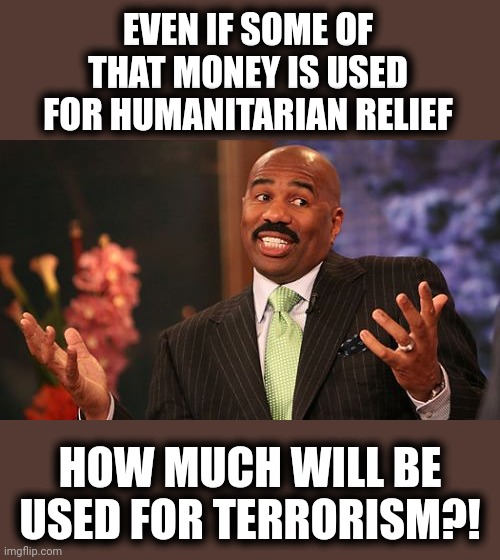 Steve Harvey Meme | EVEN IF SOME OF THAT MONEY IS USED FOR HUMANITARIAN RELIEF HOW MUCH WILL BE USED FOR TERRORISM?! | image tagged in memes,steve harvey | made w/ Imgflip meme maker