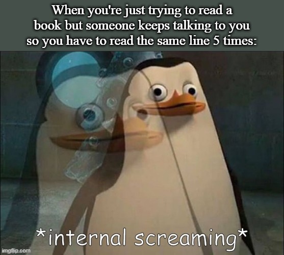 Speaking from experience | When you're just trying to read a book but someone keeps talking to you so you have to read the same line 5 times: | image tagged in private internal screaming | made w/ Imgflip meme maker