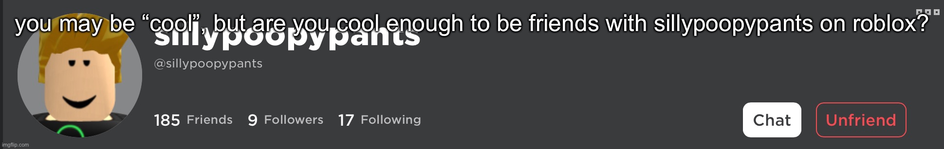 i’m cool | you may be “cool”, but are you cool enough to be friends with sillypoopypants on roblox? | made w/ Imgflip meme maker