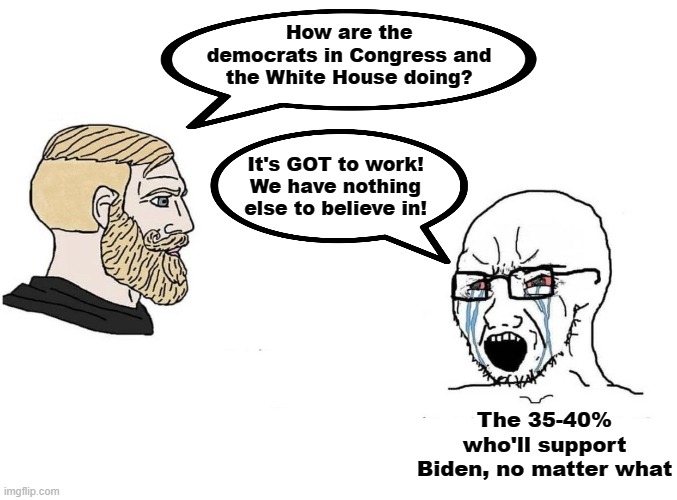 Sad but true | How are the democrats in Congress and the White House doing? It's GOT to work!
We have nothing else to believe in! The 35-40% who'll support Biden, no matter what | image tagged in memes,joe biden,democrats,chad,crying libtard | made w/ Imgflip meme maker