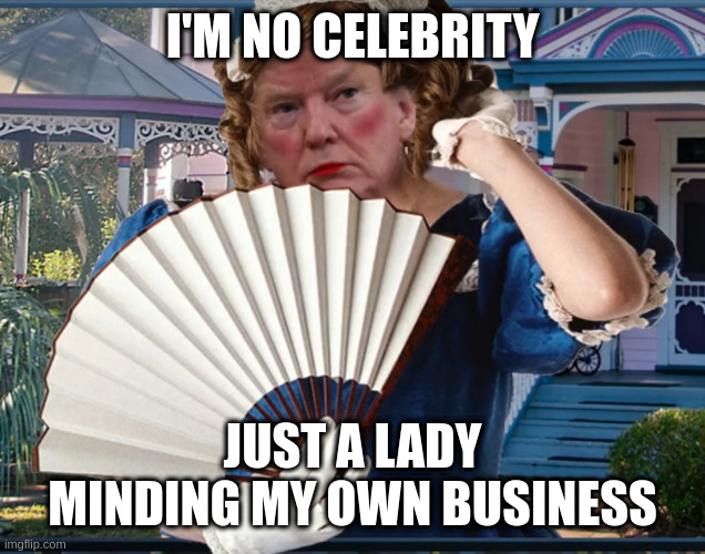 Southern Belle Trumpette | I'M NO CELEBRITY; JUST A LADY MINDING MY OWN BUSINESS | image tagged in southern belle trumpette | made w/ Imgflip meme maker