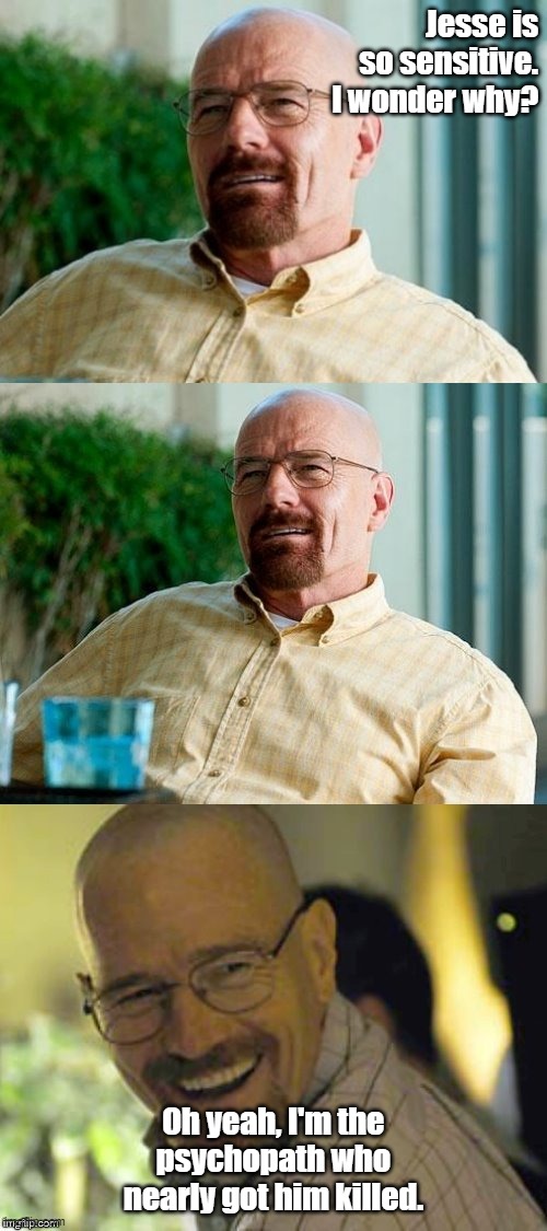 Breaking Bad Pun | Jesse is so sensitive. I wonder why? Oh yeah, I'm the psychopath who nearly got him killed. | image tagged in breaking bad pun | made w/ Imgflip meme maker