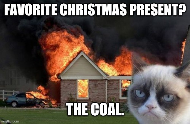 Burn Kitty | FAVORITE CHRISTMAS PRESENT? THE COAL. | image tagged in memes,burn kitty,grumpy cat | made w/ Imgflip meme maker