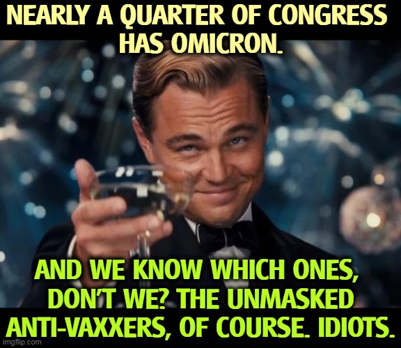 QAnon strikes Congress | NEARLY A QUARTER OF CONGRESS 
HAS OMICRON. AND WE KNOW WHICH ONES, 
DON'T WE? THE UNMASKED ANTI-VAXXERS, OF COURSE. IDIOTS. | image tagged in memes,leonardo dicaprio cheers,face mask,anti vax,idiots,omicron | made w/ Imgflip meme maker