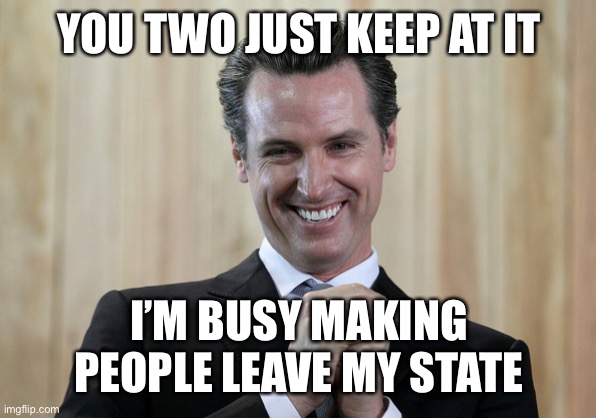 Scheming Gavin Newsom  | YOU TWO JUST KEEP AT IT I’M BUSY MAKING PEOPLE LEAVE MY STATE | image tagged in scheming gavin newsom | made w/ Imgflip meme maker
