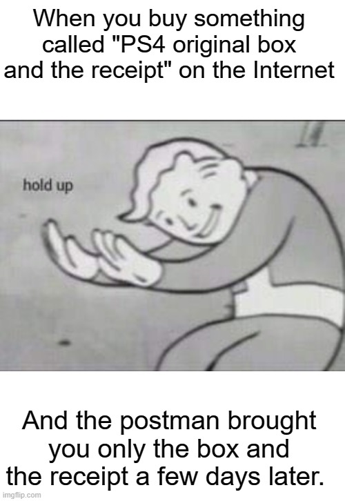 It was a scam but you can't tell them off | When you buy something called "PS4 original box and the receipt" on the Internet; And the postman brought you only the box and the receipt a few days later. | image tagged in fallout hold up with space on the top | made w/ Imgflip meme maker