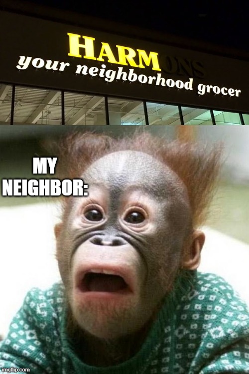 Shocked Monkey | MY NEIGHBOR: | image tagged in shocked monkey,memes,sign fail | made w/ Imgflip meme maker