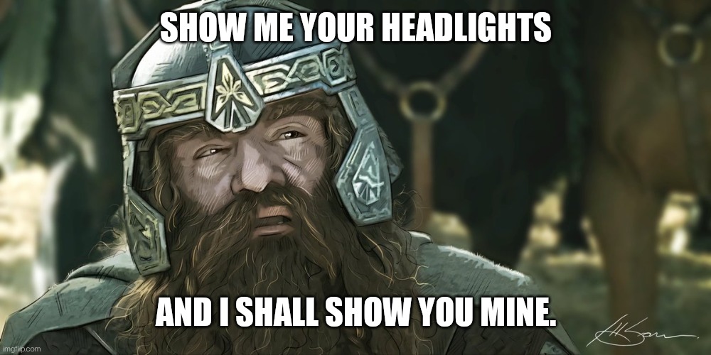 Headlight idiot | SHOW ME YOUR HEADLIGHTS; AND I SHALL SHOW YOU MINE. | image tagged in gimli | made w/ Imgflip meme maker