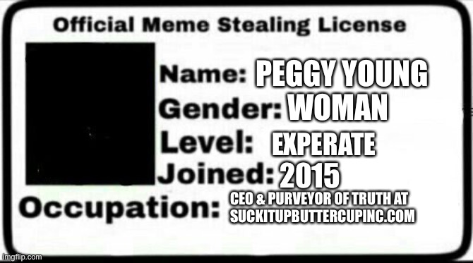 Meme Stealing License | PEGGY YOUNG; WOMAN; EXPERATE; 2015; CEO & PURVEYOR OF TRUTH AT
SUCKITUPBUTTERCUPINC.COM | image tagged in meme stealing license | made w/ Imgflip meme maker