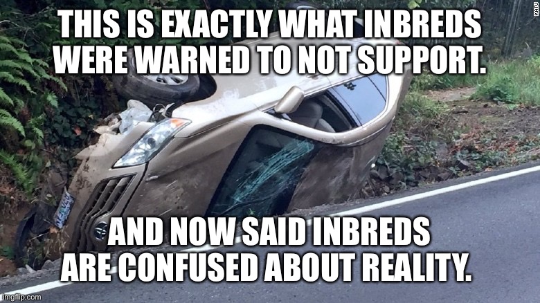 Car wreck | THIS IS EXACTLY WHAT INBREDS WERE WARNED TO NOT SUPPORT. AND NOW SAID INBREDS ARE CONFUSED ABOUT REALITY. | image tagged in car wreck | made w/ Imgflip meme maker