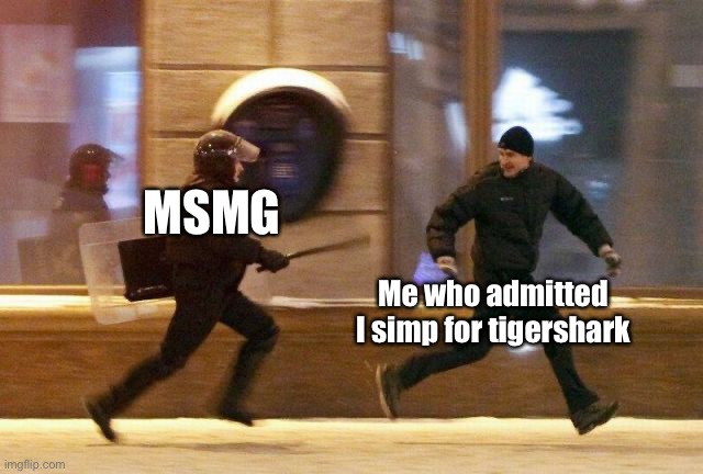 get back here boi | MSMG; Me who admitted I simp for tigershark | image tagged in police chasing guy | made w/ Imgflip meme maker