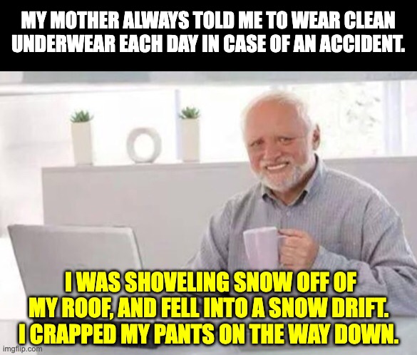 Not so clean | MY MOTHER ALWAYS TOLD ME TO WEAR CLEAN UNDERWEAR EACH DAY IN CASE OF AN ACCIDENT. I WAS SHOVELING SNOW OFF OF MY ROOF, AND FELL INTO A SNOW DRIFT. I CRAPPED MY PANTS ON THE WAY DOWN. | image tagged in harold | made w/ Imgflip meme maker