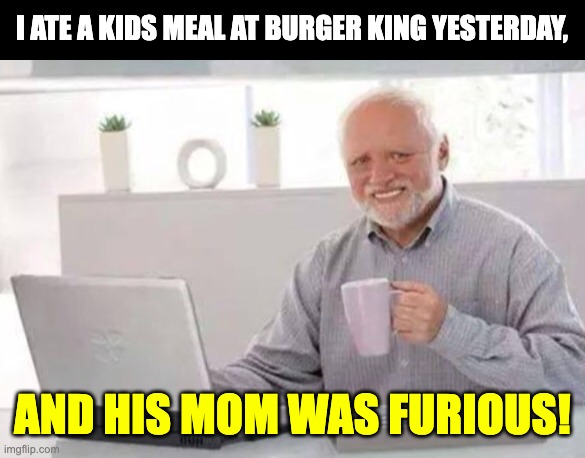 Kids Meal | I ATE A KIDS MEAL AT BURGER KING YESTERDAY, AND HIS MOM WAS FURIOUS! | image tagged in harold | made w/ Imgflip meme maker