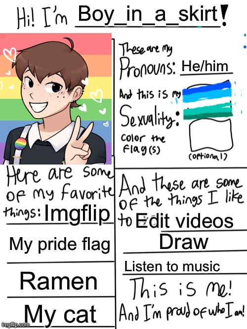 Clever title | Boy_in_a_skirt; He/him; Imgflip; Edit videos; My pride flag; Draw; Listen to music; Ramen; My cat | image tagged in lgbtq stream account profile | made w/ Imgflip meme maker