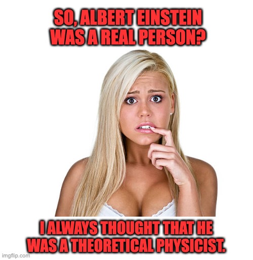 Theoretical | SO, ALBERT EINSTEIN WAS A REAL PERSON? I ALWAYS THOUGHT THAT HE WAS A THEORETICAL PHYSICIST. | image tagged in dumb blonde | made w/ Imgflip meme maker