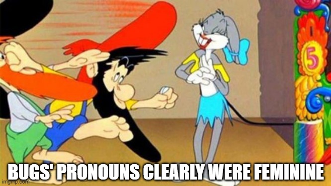 Sure Liked Crossdressing | BUGS' PRONOUNS CLEARLY WERE FEMININE | image tagged in bugs bunny | made w/ Imgflip meme maker