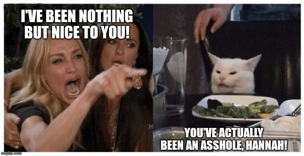 I'VE BEEN NOTHING BUT NICE TO YOU! YOU'VE ACTUALLY BEEN AN ASSHOLE, HANNAH! | image tagged in bad luck hannah | made w/ Imgflip meme maker