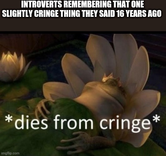 True story | INTROVERTS REMEMBERING THAT ONE SLIGHTLY CRINGE THING THEY SAID 16 YEARS AGO | image tagged in dies from cringe,introvert,introverts | made w/ Imgflip meme maker