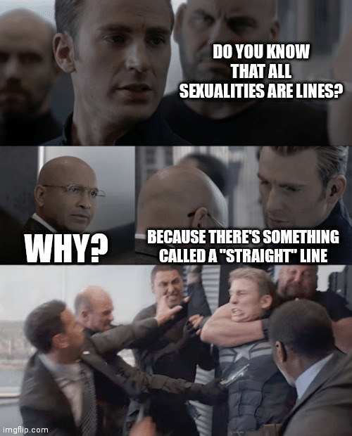"Straight" Line | DO YOU KNOW THAT ALL SEXUALITIES ARE LINES? WHY? BECAUSE THERE'S SOMETHING CALLED A "STRAIGHT" LINE | image tagged in captain america elevator | made w/ Imgflip meme maker