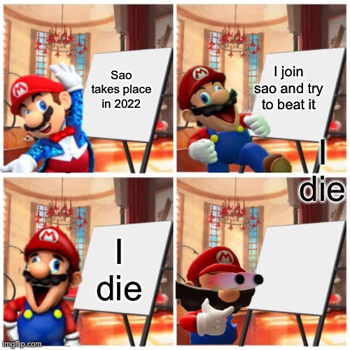 Dum joke | Sao takes place in 2022; I join sao and try to beat it; I die; I die | image tagged in mario s plan | made w/ Imgflip meme maker