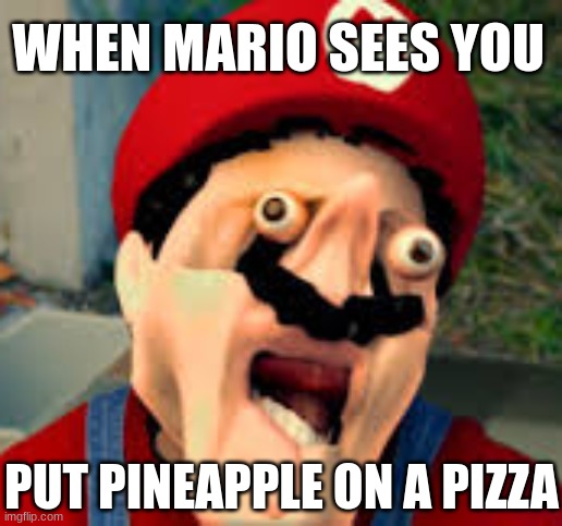 You know you messed up | WHEN MARIO SEES YOU; PUT PINEAPPLE ON A PIZZA | image tagged in funny,mario,pineapple pizza,pizza | made w/ Imgflip meme maker