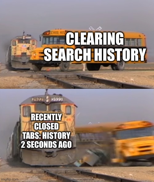 A train hitting a school bus | CLEARING SEARCH HISTORY; RECENTLY CLOSED TABS: HISTORY 2 SECONDS AGO | image tagged in a train hitting a school bus | made w/ Imgflip meme maker