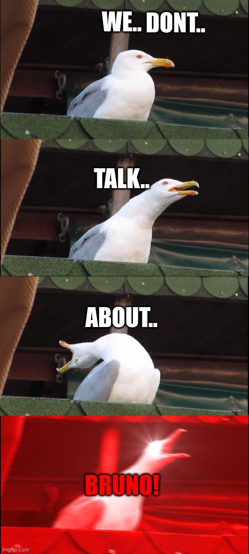 Inhaling Seagull | WE.. DONT.. TALK.. ABOUT.. BRUNO! | image tagged in memes,inhaling seagull | made w/ Imgflip meme maker