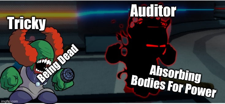 True | Auditor; Tricky; Being Dead; Absorbing Bodies For Power | image tagged in georgie attacks pig,madness combat | made w/ Imgflip meme maker
