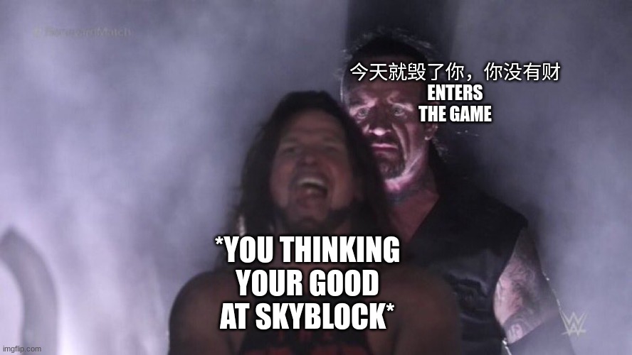 yeaaa, ur screwed | 今天就毁了你，你没有财 ENTERS THE GAME; *YOU THINKING YOUR GOOD AT SKYBLOCK* | image tagged in aj styles undertaker,funny,minecraft,viral | made w/ Imgflip meme maker