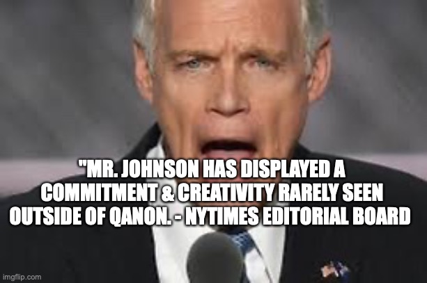 "MR. JOHNSON HAS DISPLAYED A COMMITMENT & CREATIVITY RARELY SEEN OUTSIDE OF QANON. - NYTIMES EDITORIAL BOARD | made w/ Imgflip meme maker