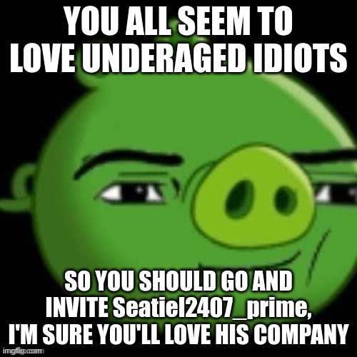 Bad Piggy | YOU ALL SEEM TO LOVE UNDERAGED IDIOTS; SO YOU SHOULD GO AND INVITE Seatiel2407_prime, I'M SURE YOU'LL LOVE HIS COMPANY | image tagged in bad piggy | made w/ Imgflip meme maker