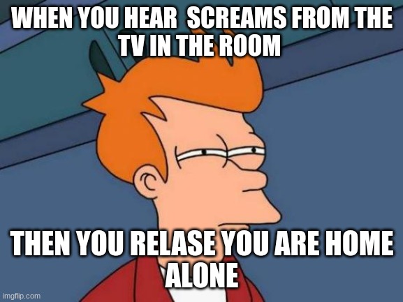 nope | WHEN YOU HEAR  SCREAMS FROM THE
TV IN THE ROOM; THEN YOU REALISE YOU ARE HOME
ALONE | image tagged in memes,futurama fry | made w/ Imgflip meme maker