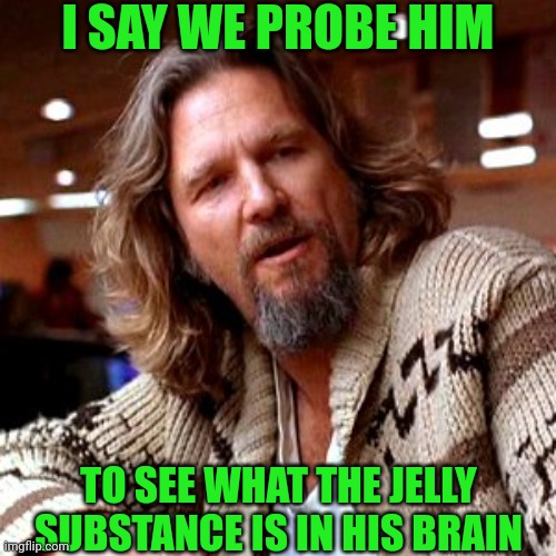 I SAY WE PROBE HIM TO SEE WHAT THE JELLY SUBSTANCE IS IN HIS BRAIN | made w/ Imgflip meme maker