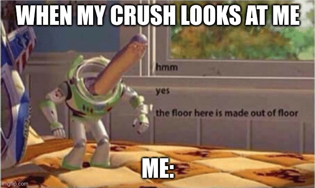 hmm yes the floor here is made out of floor | WHEN MY CRUSH LOOKS AT ME; ME: | image tagged in hmm yes the floor here is made out of floor | made w/ Imgflip meme maker