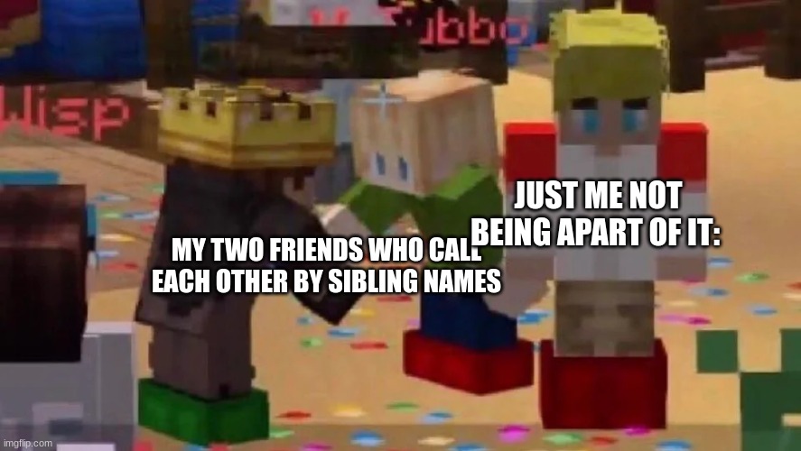 MCYT Friendship | JUST ME NOT BEING APART OF IT:; MY TWO FRIENDS WHO CALL EACH OTHER BY SIBLING NAMES | image tagged in mcyt friendship | made w/ Imgflip meme maker