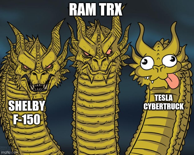 You know I'm correct | RAM TRX; TESLA CYBERTRUCK; SHELBY F-150 | image tagged in three-headed dragon | made w/ Imgflip meme maker