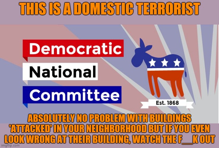Cities burn, no prob. People go into the people's house and steal a podium, LIFE SENTENCE | THIS IS A DOMESTIC TERRORIST; ABSOLUTELY NO PROBLEM WITH BUILDINGS 'ATTACKED' IN YOUR NEIGHBORHOOD BUT IF YOU EVEN LOOK WRONG AT THEIR BUILDING, WATCH THE F__K OUT | image tagged in dnc | made w/ Imgflip meme maker