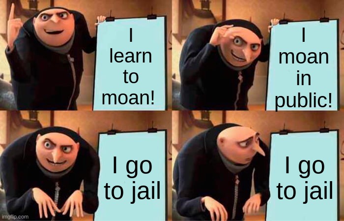 what happens when you moan | I learn to moan! I moan in public! I go to jail; I go to jail | image tagged in memes,gru's plan | made w/ Imgflip meme maker