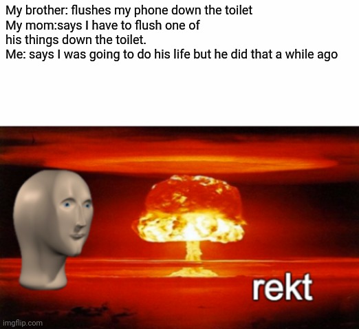Destruction |  My brother: flushes my phone down the toilet
My mom:says I have to flush one of his things down the toilet.
Me: says I was going to do his life but he did that a while ago | image tagged in rekt w/text | made w/ Imgflip meme maker