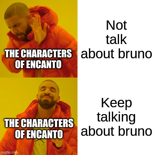 Drake Hotline Bling | Not talk about bruno; THE CHARACTERS OF ENCANTO; Keep talking about bruno; THE CHARACTERS OF ENCANTO | image tagged in memes,drake hotline bling | made w/ Imgflip meme maker